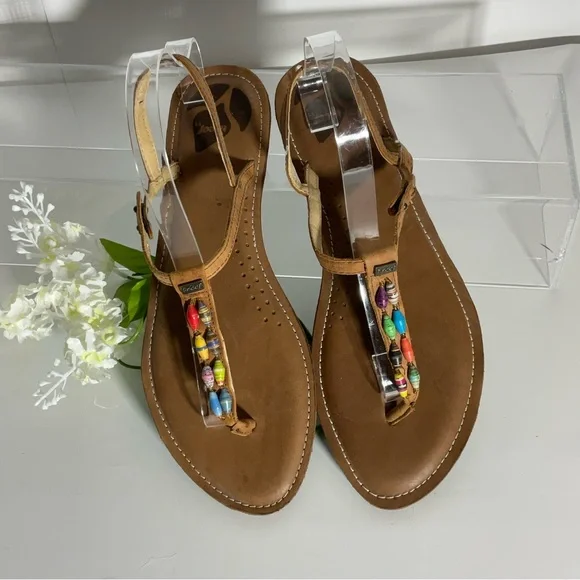Reef Multi-Color Jewel Beads Between Toe Brown Ankle Strap Sandals Snap Closure. - Picture 2 of 16